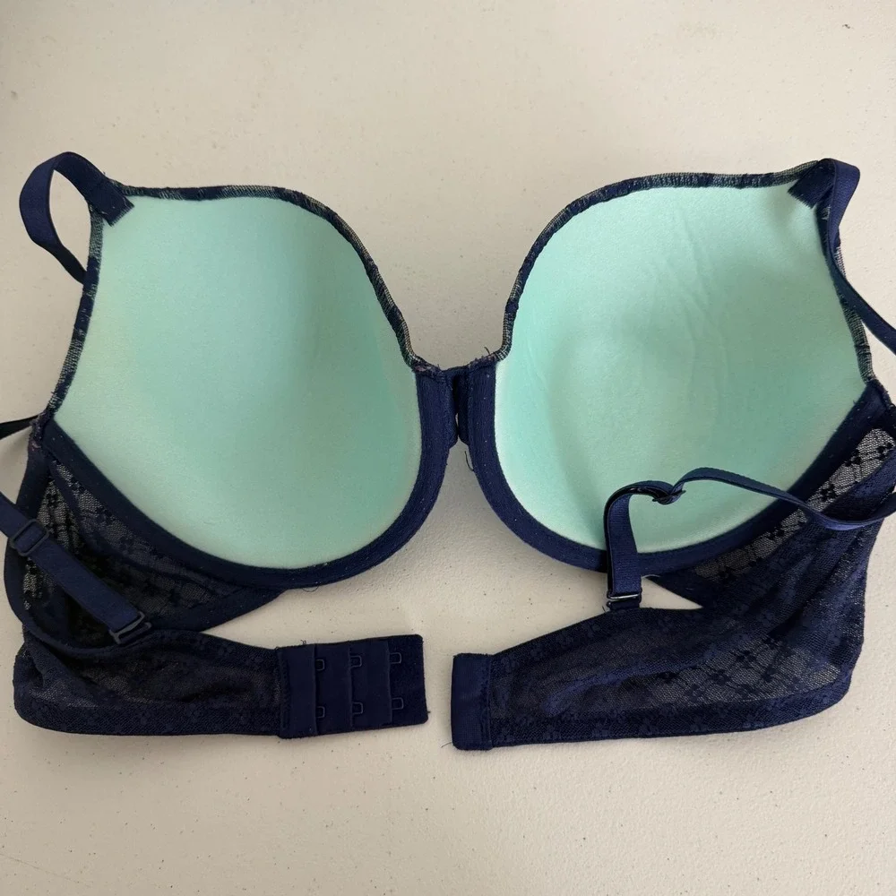 Victorias Secret Lined Perfect Coverage‎ Bra 38C Navy Blue Aqua Floral Lace